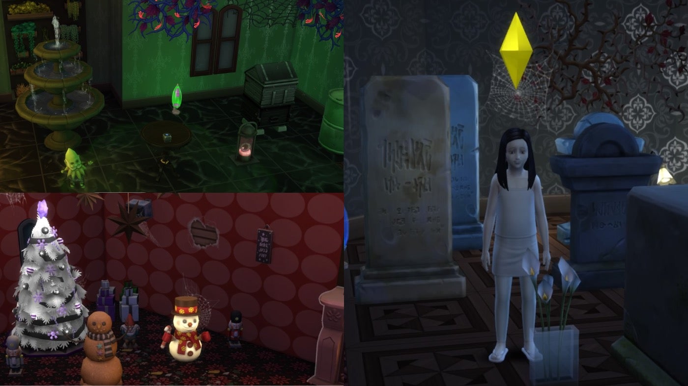 Clockwise from top left: The Poison Garden, Ghost Child spending time in her favorite cemetery, and the Room of Never-Ending Christmas.