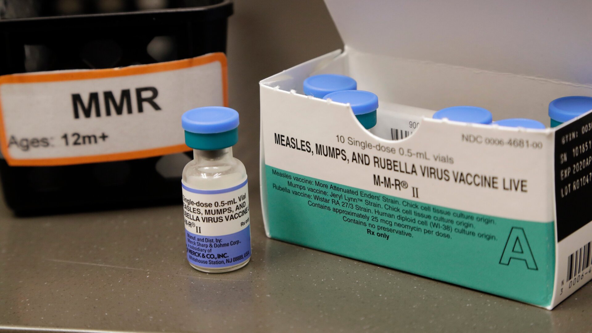 A box of doses from the measles, mumps, and rubella vaccine.