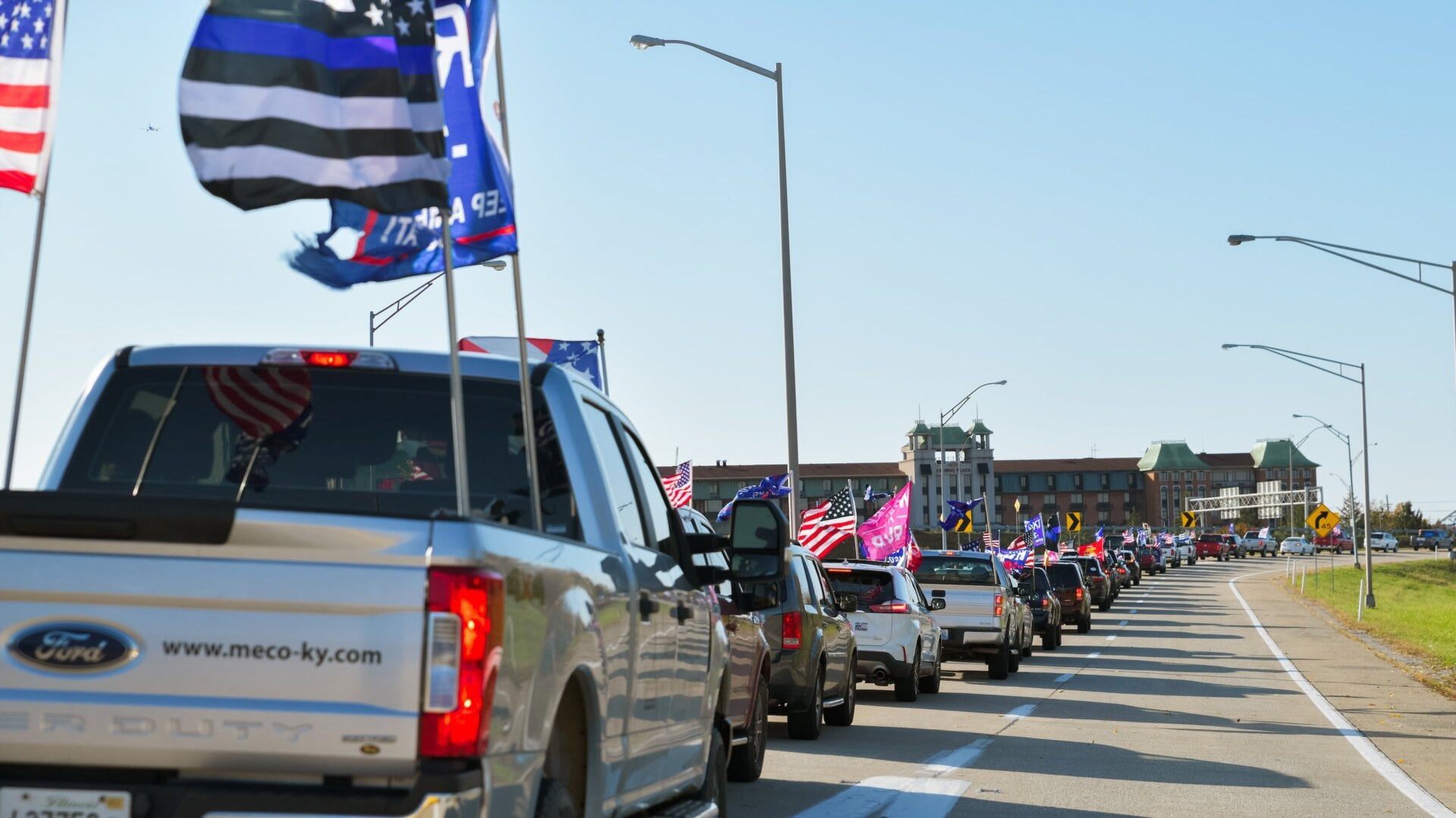 Vehicles participating in the Trump Train caravan on wait in interstate traffic on Nov. 1, 2020.