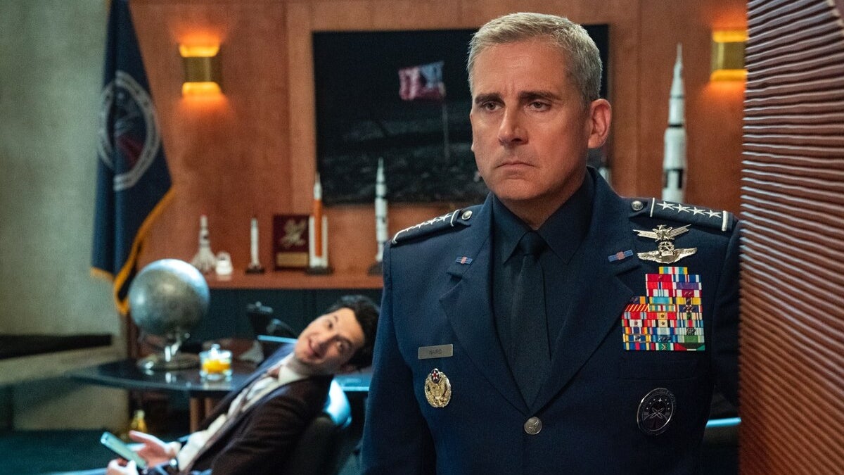 Steve Carell and Ben Schwartz in Space Force.