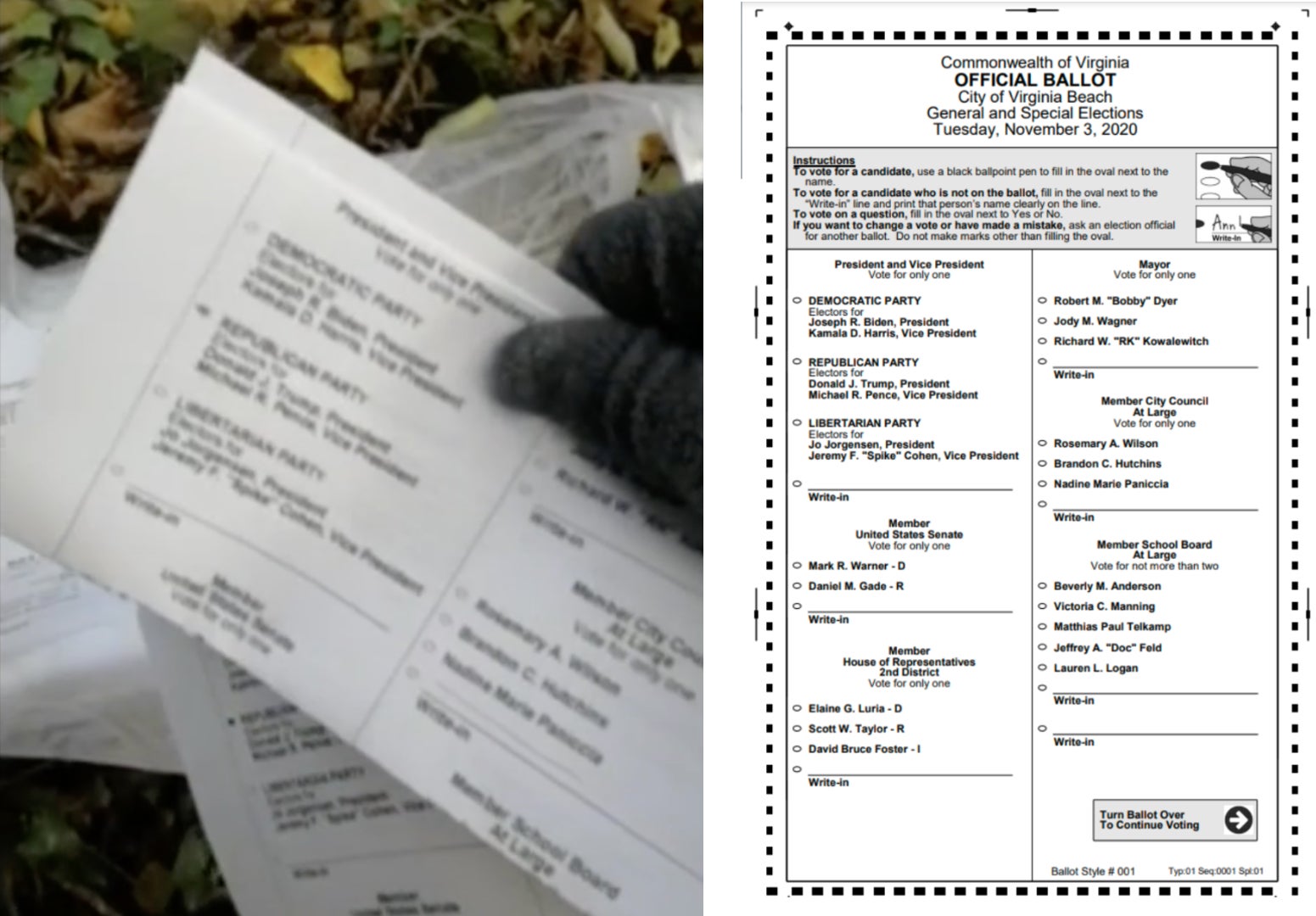 Sample ballots from a viral video (left) and what real ballots look like in Virginia, complete with bar code markings (right)