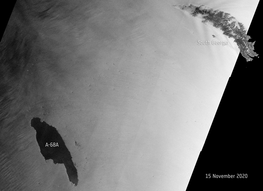 Iceberg A68a appears to be moving in a westerly direction, away from South Georgia island. 