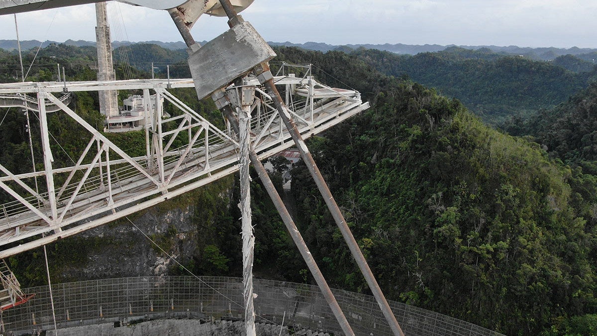 That cable doesn’t look so good. This drone photo of the Arecibo Observatory was taken after November 6, when a main cable snapped and fell onto the receiving dish below.