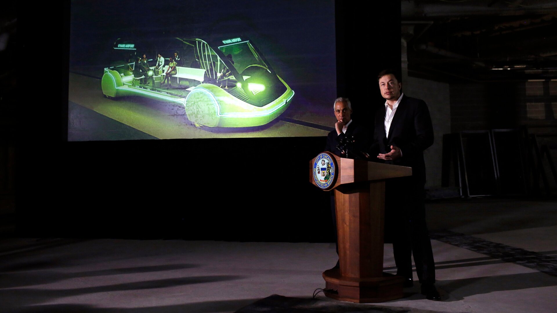 Rahm Emanuel and Elon Musk in Chicago announcing a new transportation system (that never happened) on June 14, 2018.