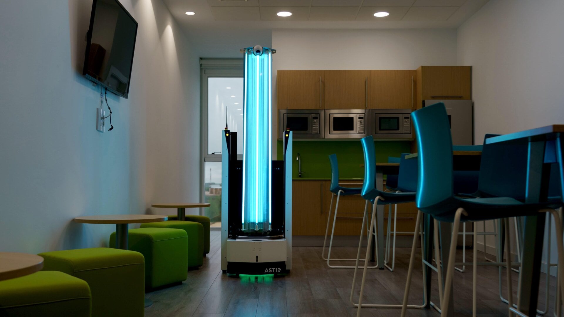 A robot disinfects a room with ultraviolet light (UV-C) in Madrigalejo del Monte, near Burgos, Spain on May 12, 2020.