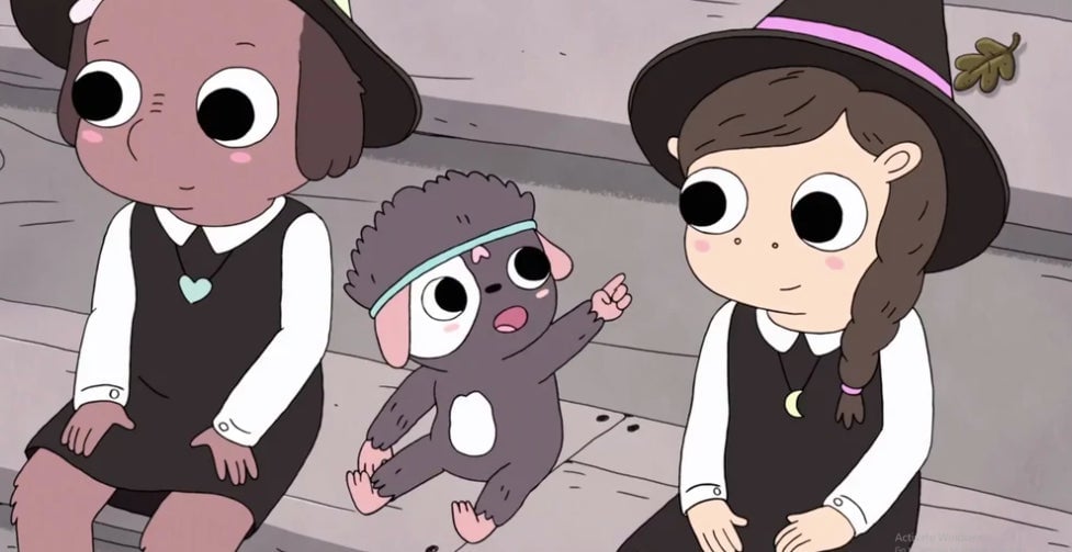 Puddle informing the witches of something interesting in the sky.