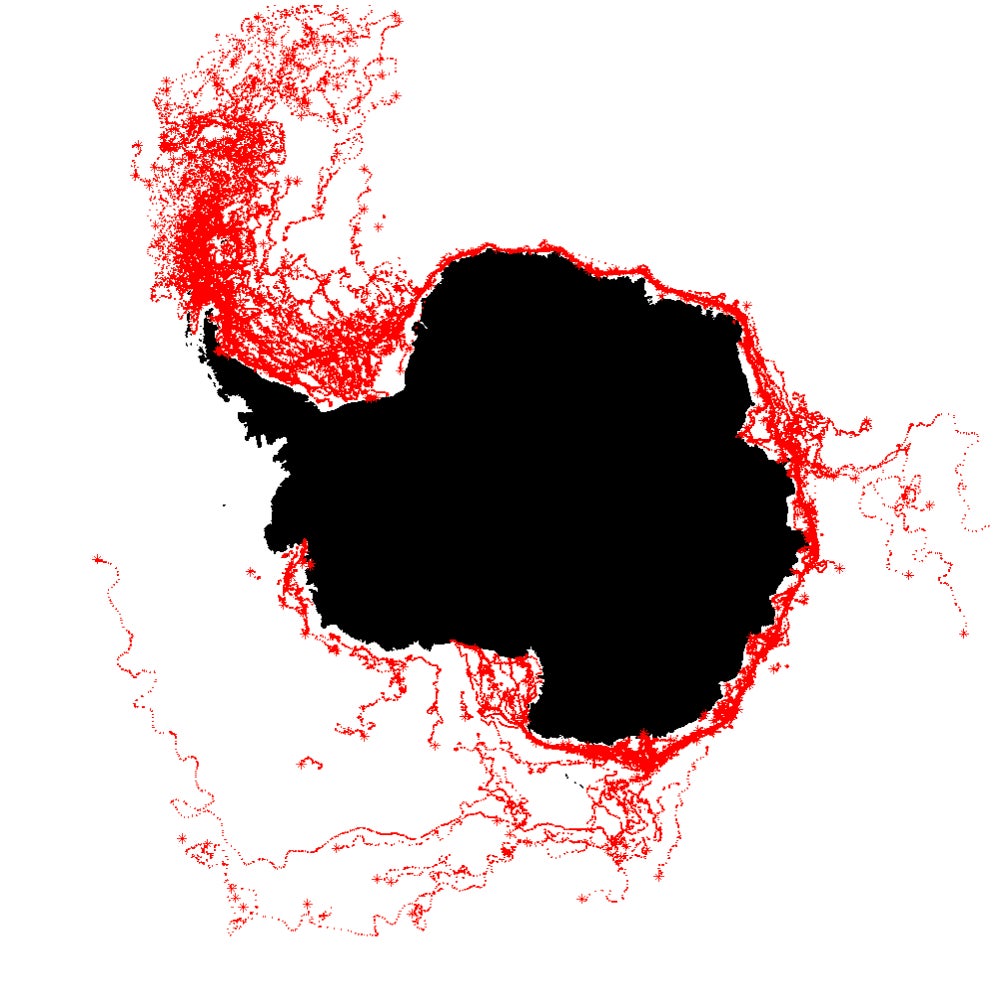 Iceberg movement tracks from 1999 to 2010. 