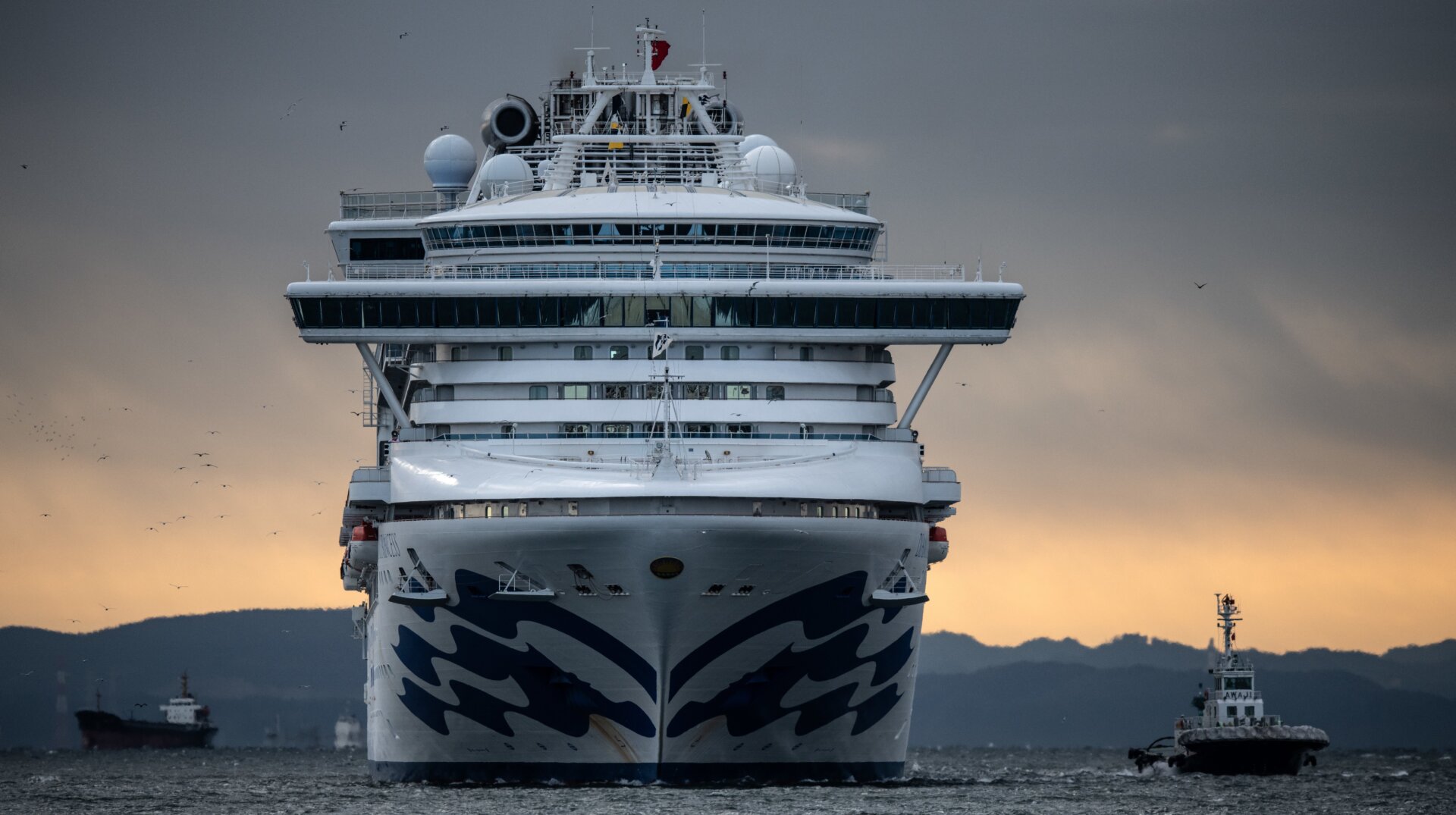 The Diamond Princess cruise ship approaches Daikoku Pier where it will be resupplied and newly diagnosed coronavirus cases taken to hospital while it remains in quarantine off the port of Yokohama after a number of the 3,700 people on board were confirmed to have coronavirus on February 6, 2020.
