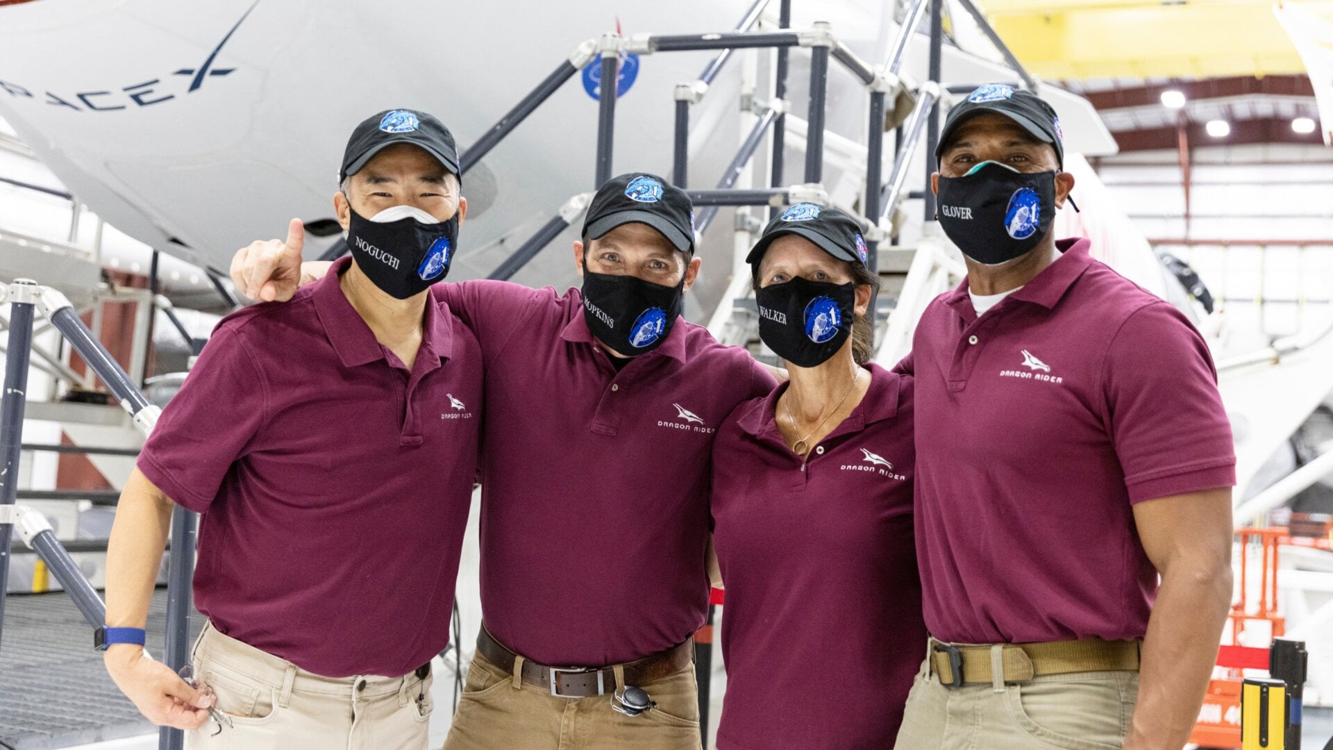A fitting photo for a pandemic launch: NASA’s SpaceX Crew-1 mission astronauts, from left to right, Soichi Noguchi, Michael Hopkins, Shannon Walker, and Victor Glover. This photo was taken on November 8, 2020.