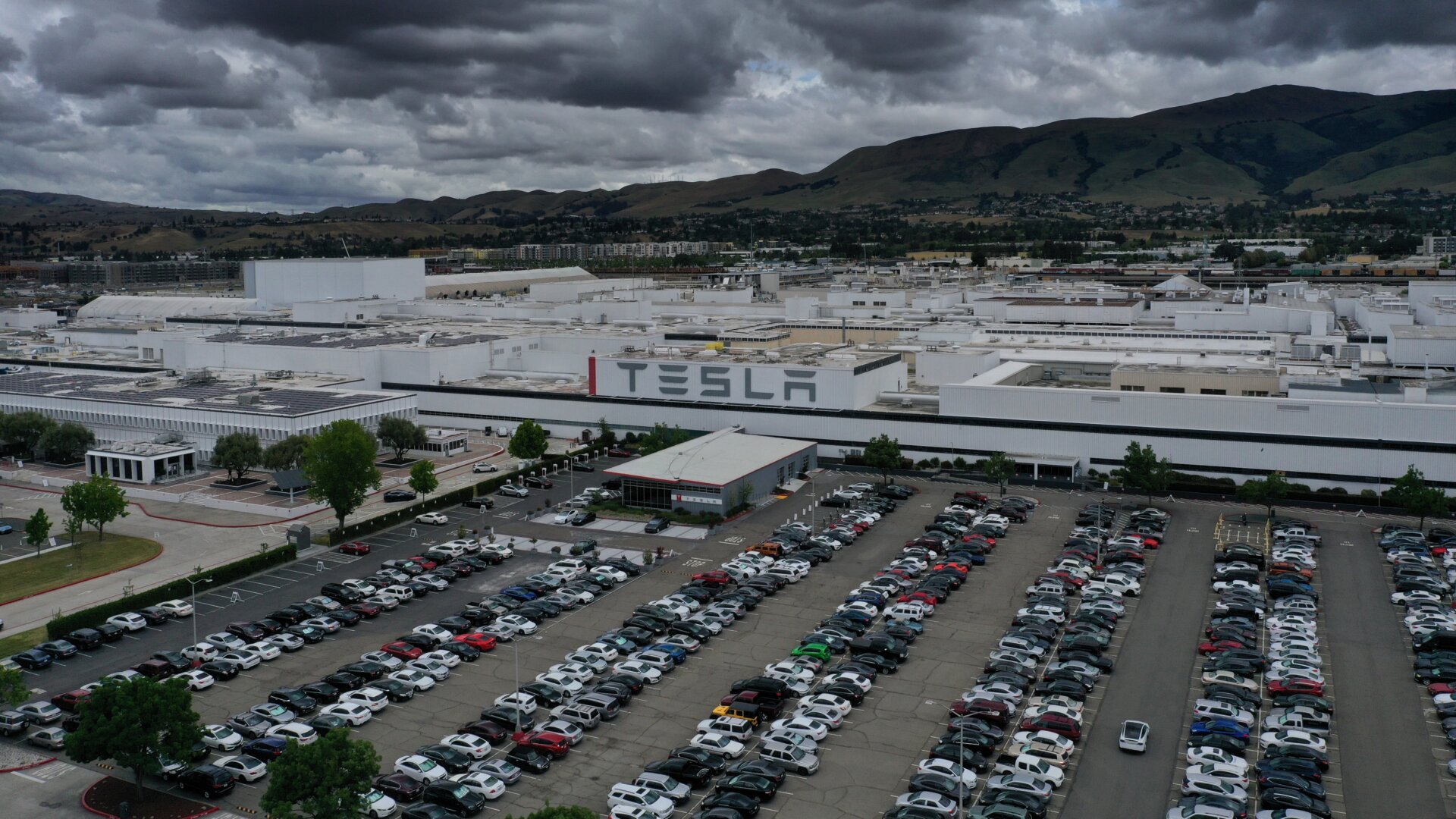 An aerial view of the Tesla Fremont Factory on May 12, 2020 in Fremont, California.