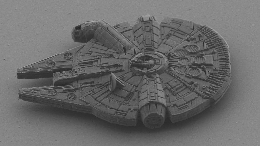 Microlight3D’s Millennium Falcon is 400,000 times smaller than the original.