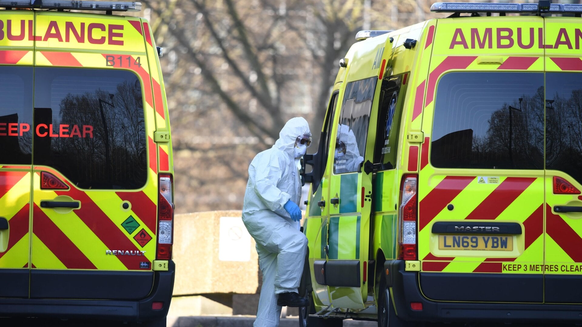 A health care worker getting into an ambulance at St Thomas’ Hospital in London on March 24, 2020.