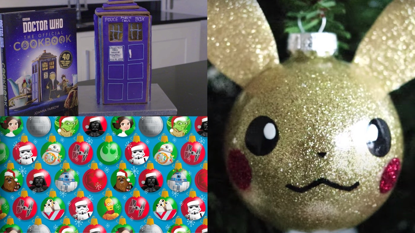 Clockwise from left: Gingerbread Tardis, Pokémon ornament, and Star Wars wrapping paper.