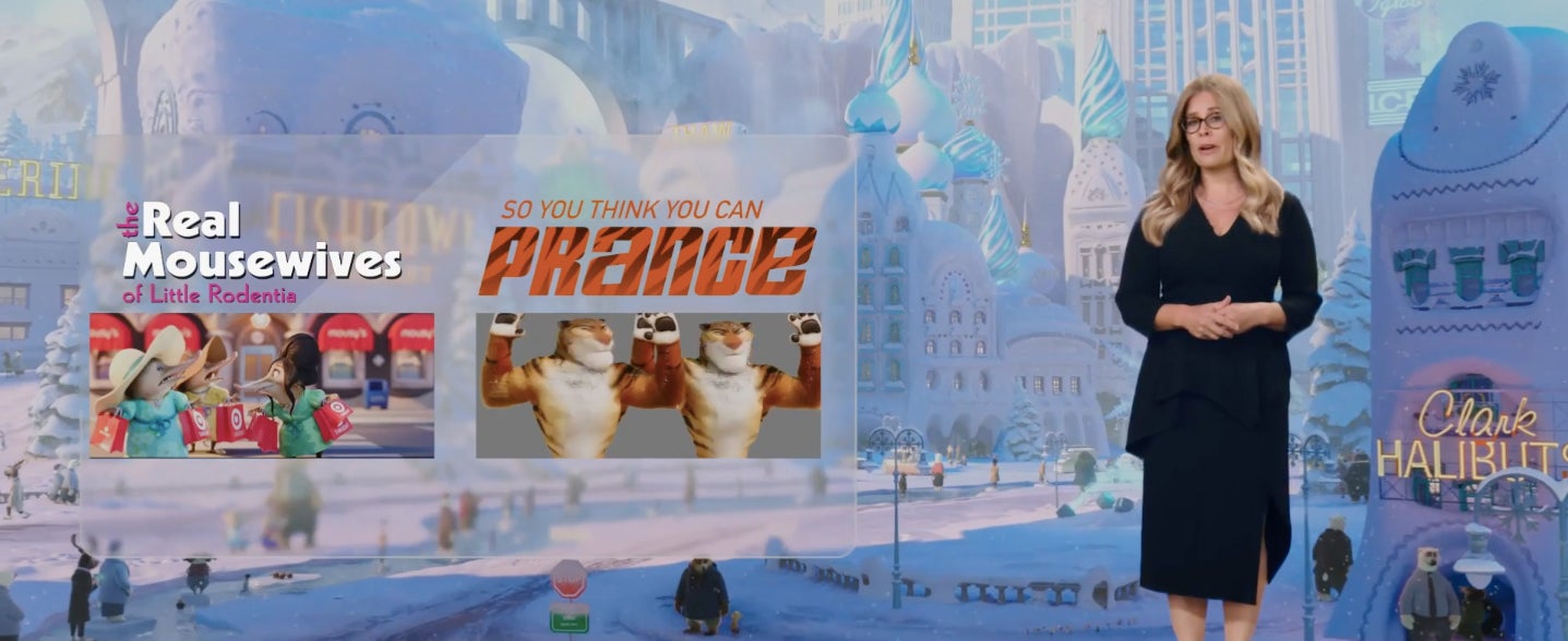 Jennifer Lee presenting the logos for The Real Mousewives of Little Rodentia and So You Think You Can Prince.