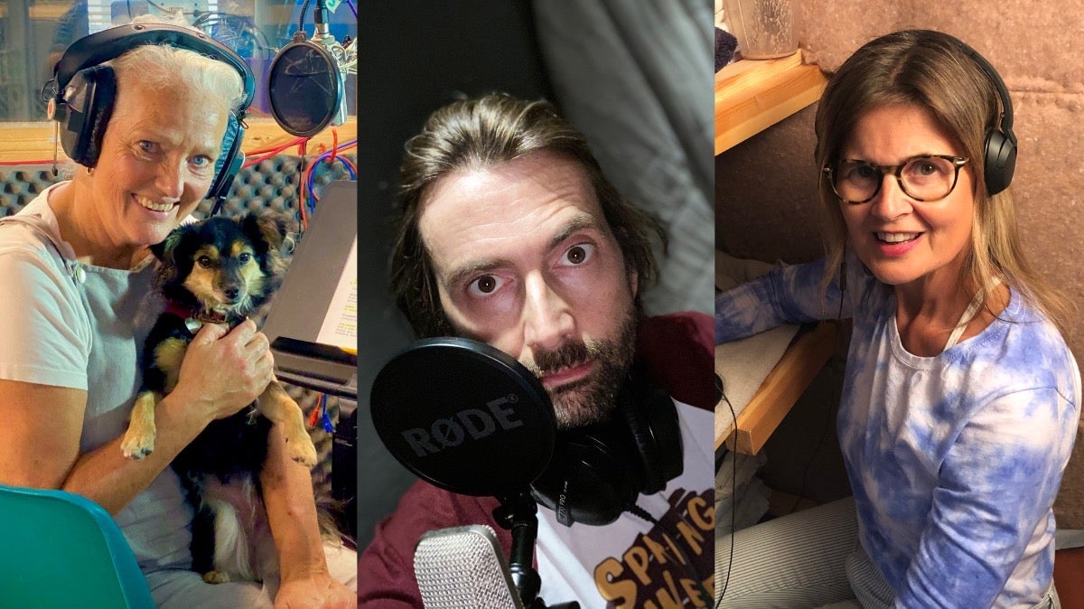 From left: Louise Jameson, David Tennant, and Sophie Aldred recording remotely. 