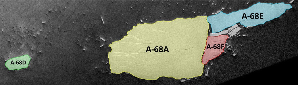 Marked-up view of the new fragments, including A68d, which calved late last week. 