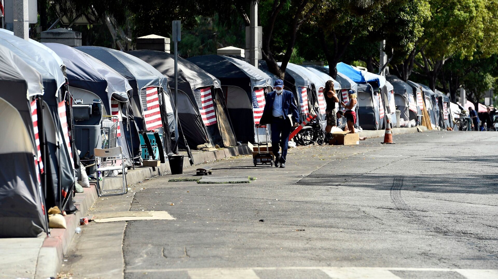 Homeless U.S. veteran tents near the VA West Los Angeles Healthcare Campus Japanese Garden on September 24, 2020 in Los Angeles, California.