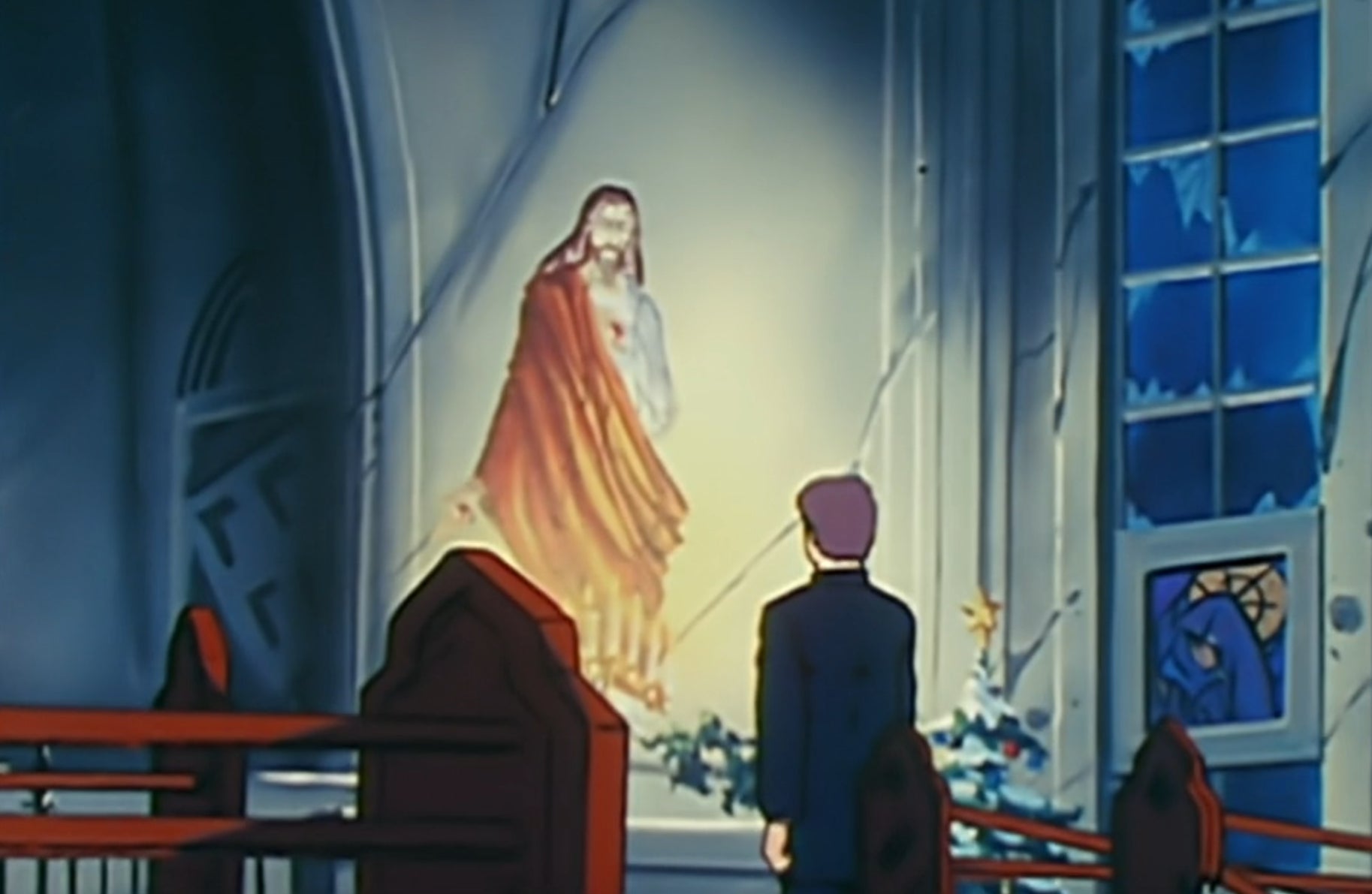 There wasn’t a good screencap of the carolers, so here’s one of the depressed priest questioning his faith. 