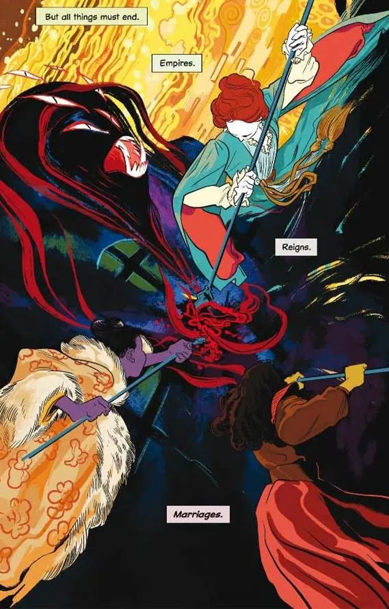 The brides descend on their foes.