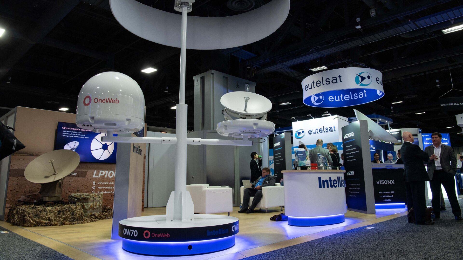 A ground antenna made by Intellian for the OneWeb space internet provider is seen at Satellite2019 in Washington, DC, on May 8, 2019.