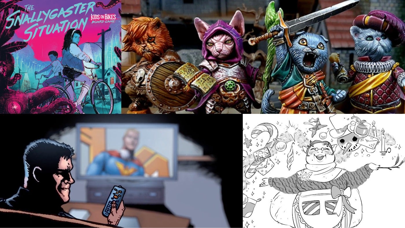 Clockwise from left: The Snallygaster Situation: A Kids on Bikes Board Game, Cat Knights, Adventure Calendar, and The Boys: This Is Going to Hurt.