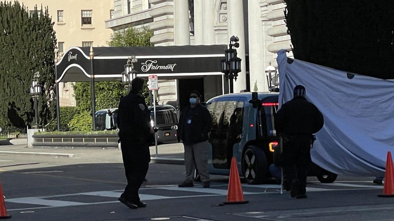 What appears to be a Zoox self-driving taxi on the streets of San Francisco this weekend, with several others visible in the background.