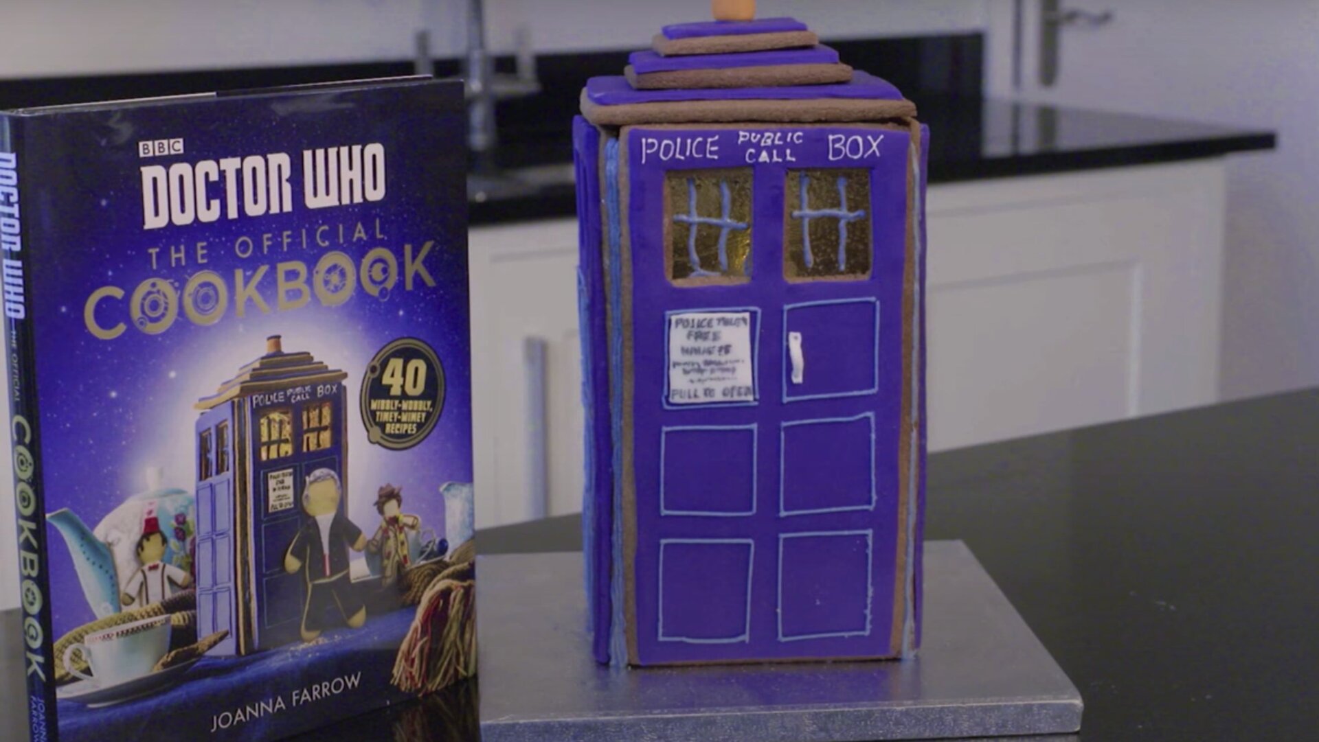 A peek at the Doctor Who Gingerbread TARDIS.