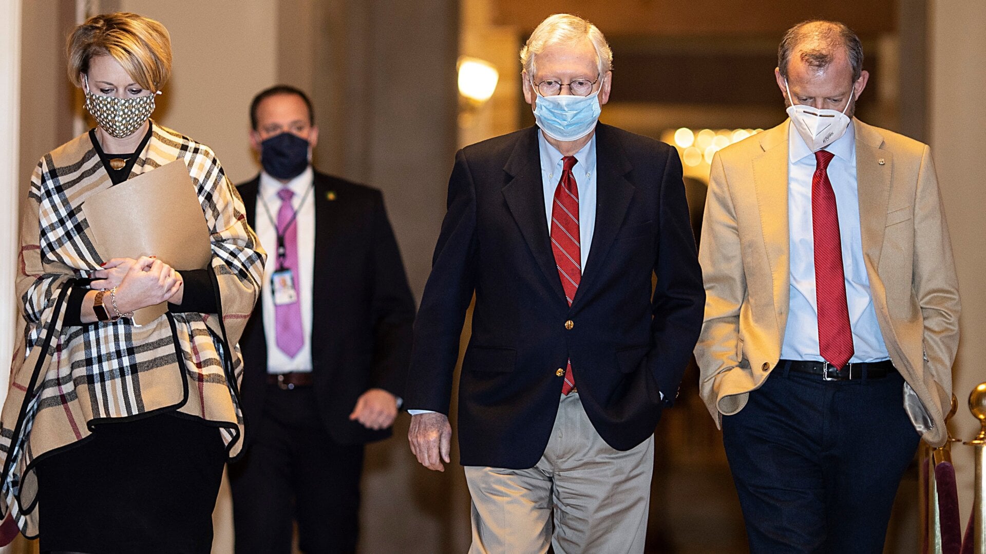 U.S. Senate Majority Leader Mitch McConnell (R-KY) walks to the Senate floor on Capitol Hill on December 20, 2020 in Washington, DC. Republicans and Democrats in the Senate finally came to an agreement on the coronavirus relief bill on Sunday.