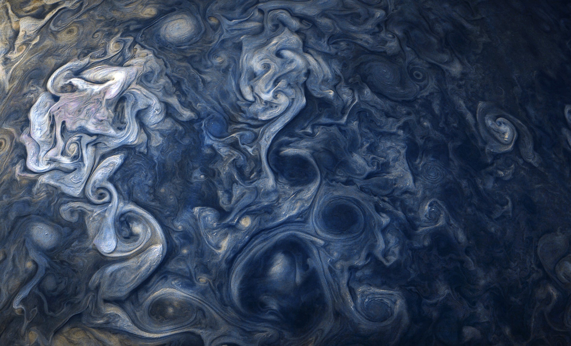 A detailed photo of Jupiter’s clouds as captured by NASA’s Juno spacecraft in 2017.