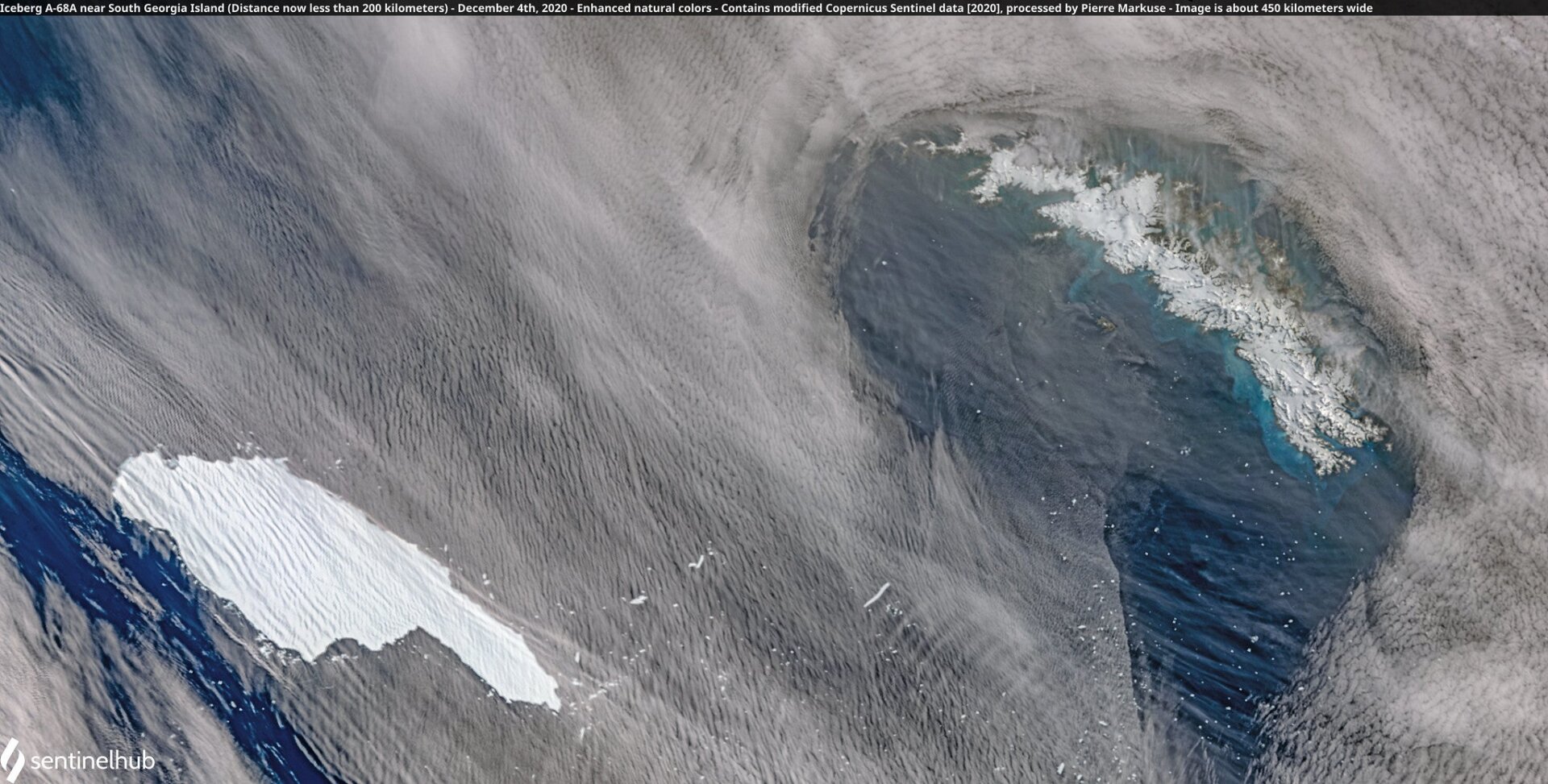  Iceberg A68a as it approaches South Georgia Island on Dec. 4.