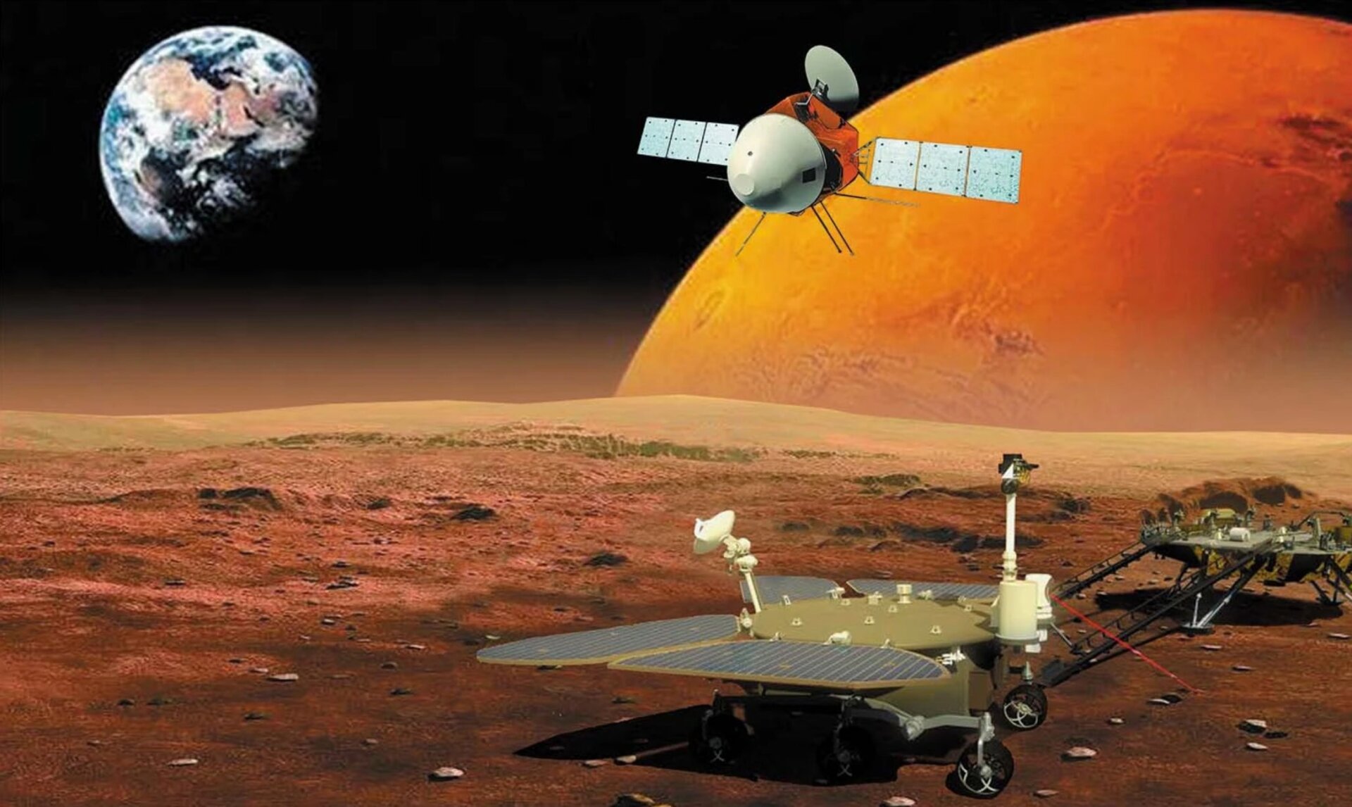 Artist’s impression of the Tianwen-1 mission, showing the Martian orbiter, rover, and lander. This art is obviously not realistic, as it shows Mars in the background, Earth at an impossibly close distance, and the orbiter seemingly above the surface. Look, we’re as confused as you are. 