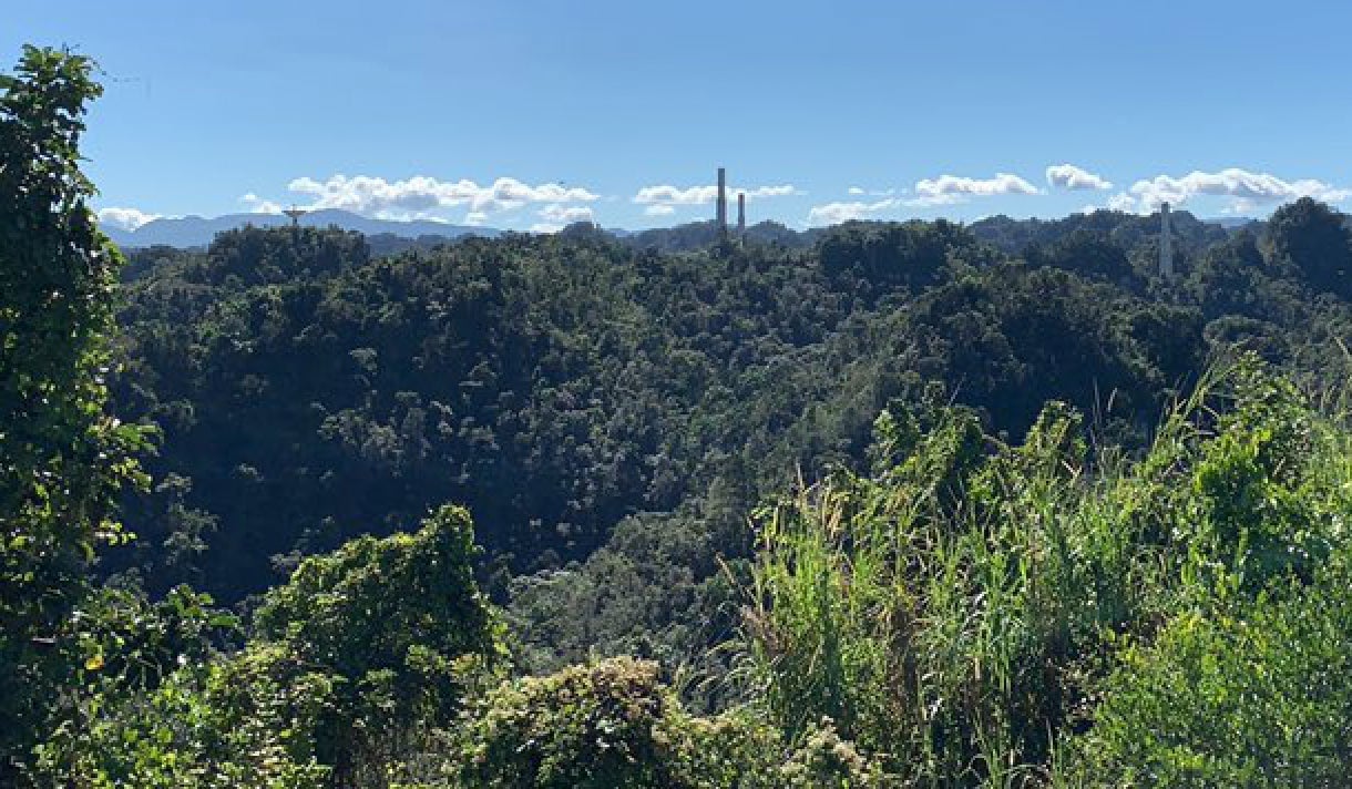 Photo showing the observatory support towers following the collapse of the instrument platform.