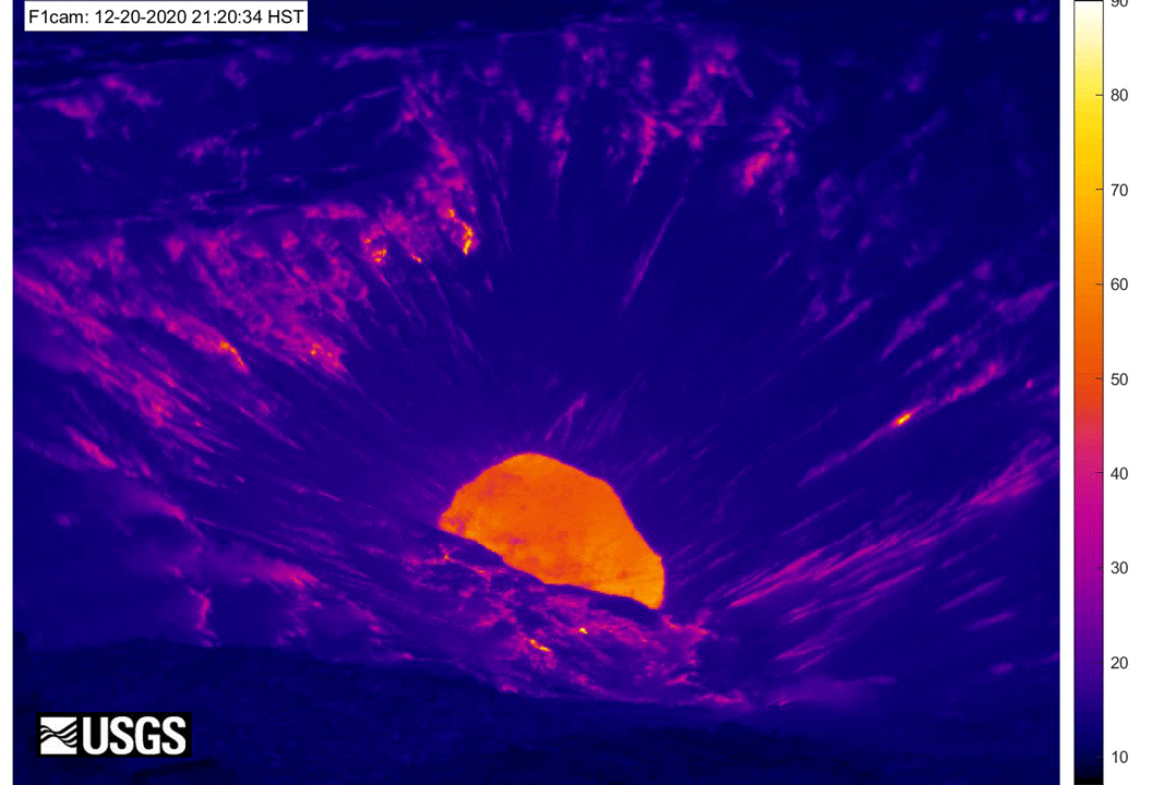 The eruption at Kīlauea captured on a thermal camera. The first image is from 9:20 p.m. HST. Approximately 10 minutes prior to the start of the eruption, and the final image was taken at 1:06 a.m. HST on Dec. 20.