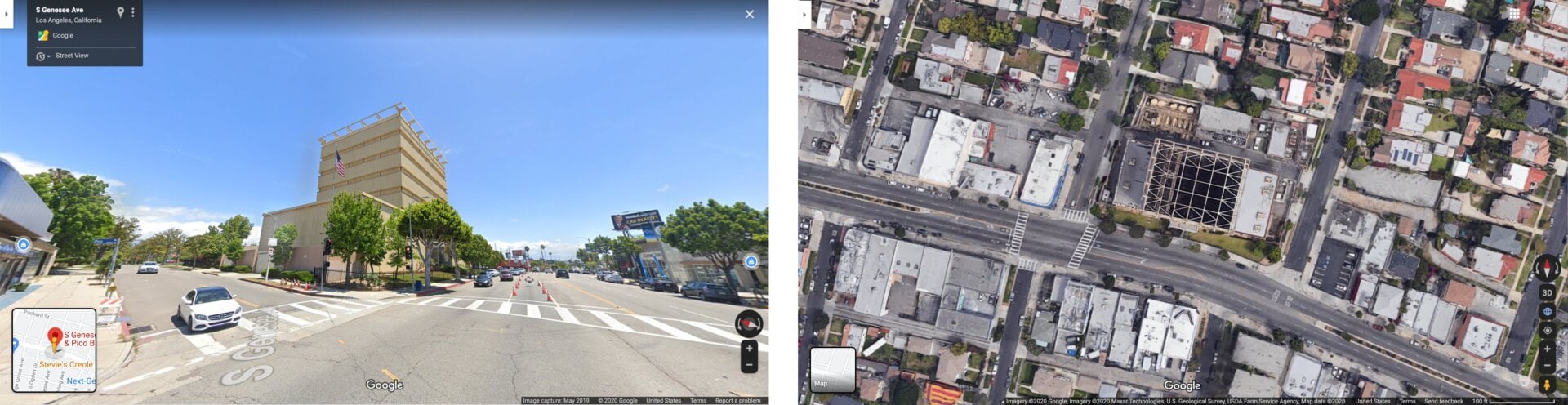 A view of the Packard Site in Google StreetView on the left shows its tan facade masquerading as a building. But the satellite image on the right shows the top is open.