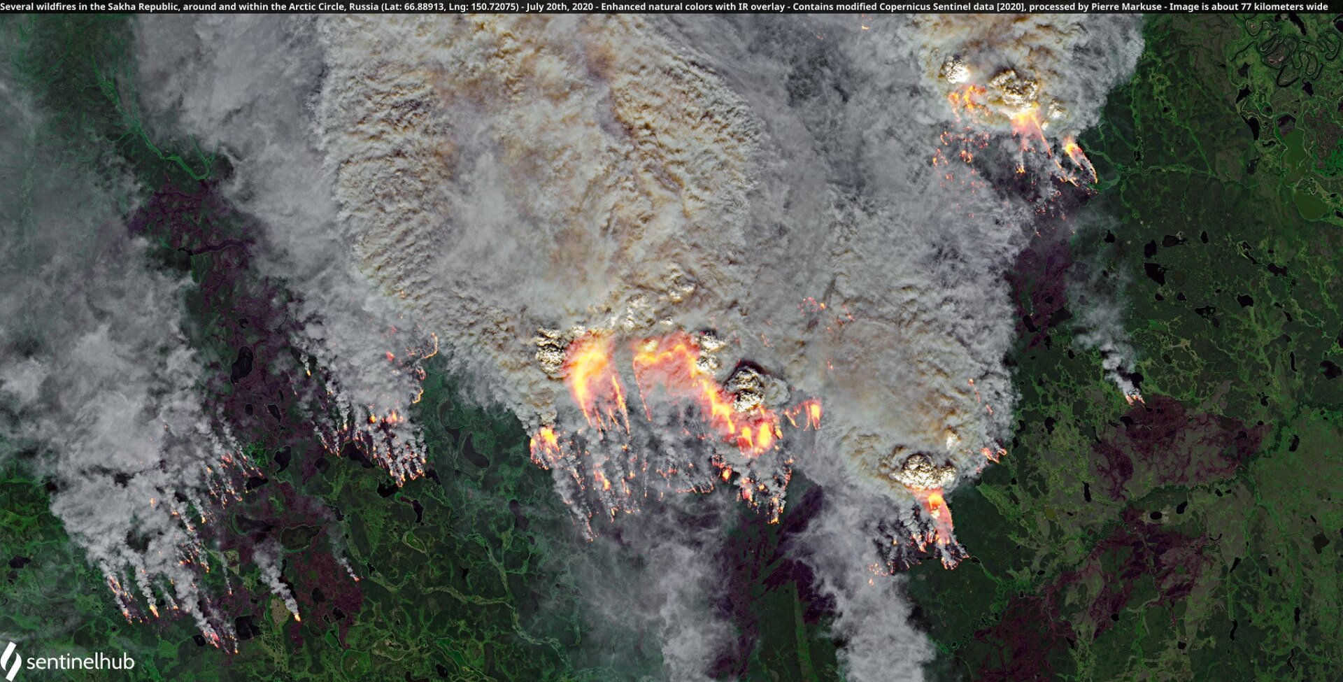 Several wildfires burn in the Sakha Republic, around and within the Arctic Circle on July 20.