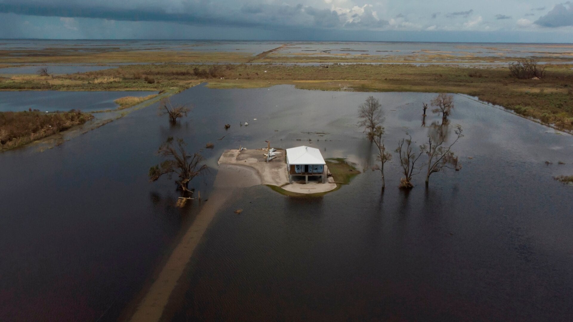 An aerial view shows a home that was destroyed by Hurricane Laura on August 29, 2020 in Cameron, Louisiana.