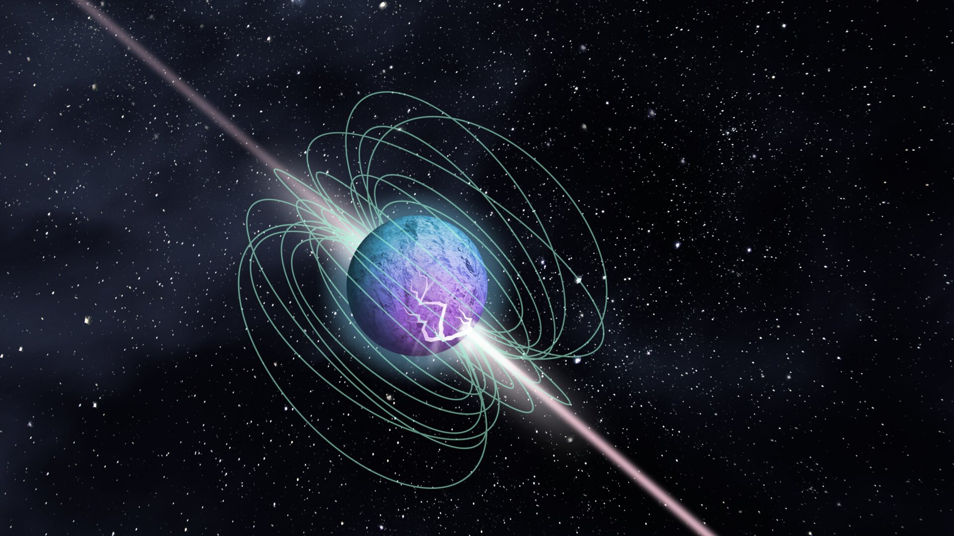 Artist’s impression of a magnetar outburst, showing the object’s magnetic field and bi-directional beamed emission, having burst out from a crust cracking episode.