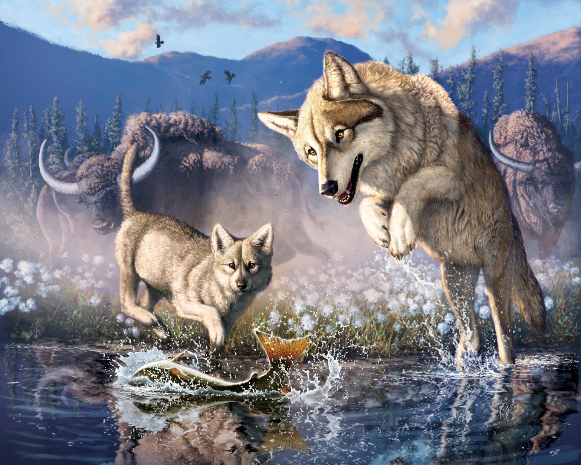 Artist’s conception of a wolf mother and pup hunting.