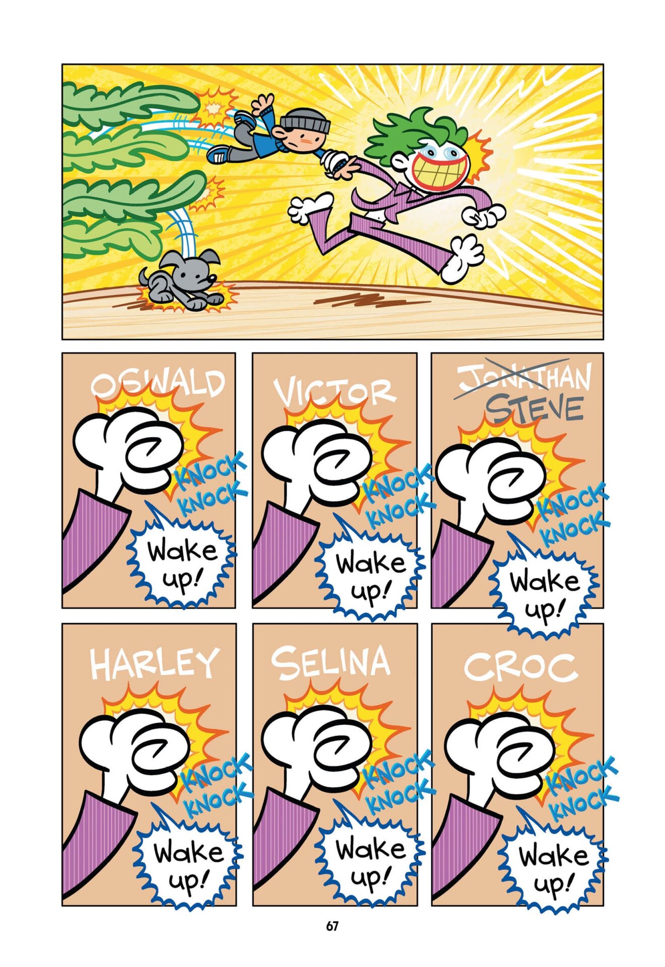 The Joker rushing off to wake up his neighbors to let them know that Brucie’s arrived.