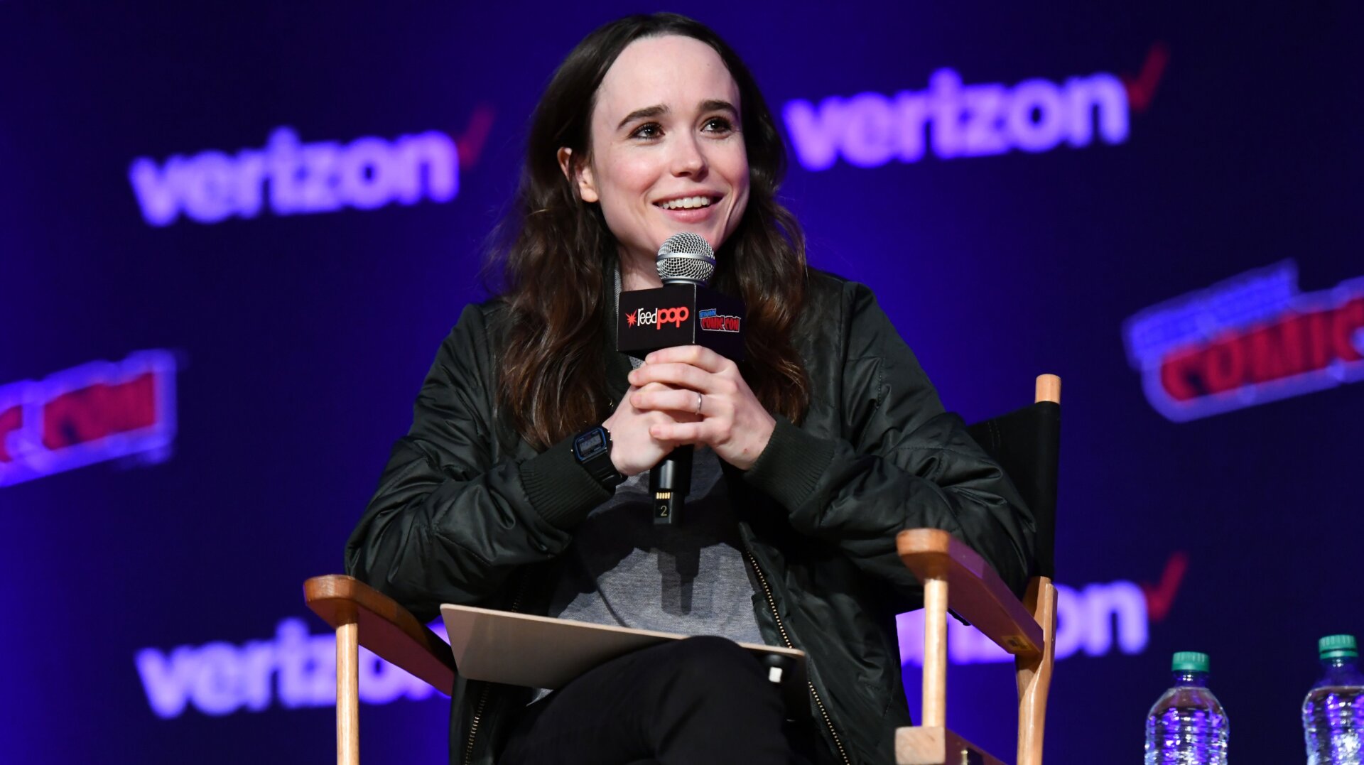 Elliot Page speaking at New York Comic Con in 2018.