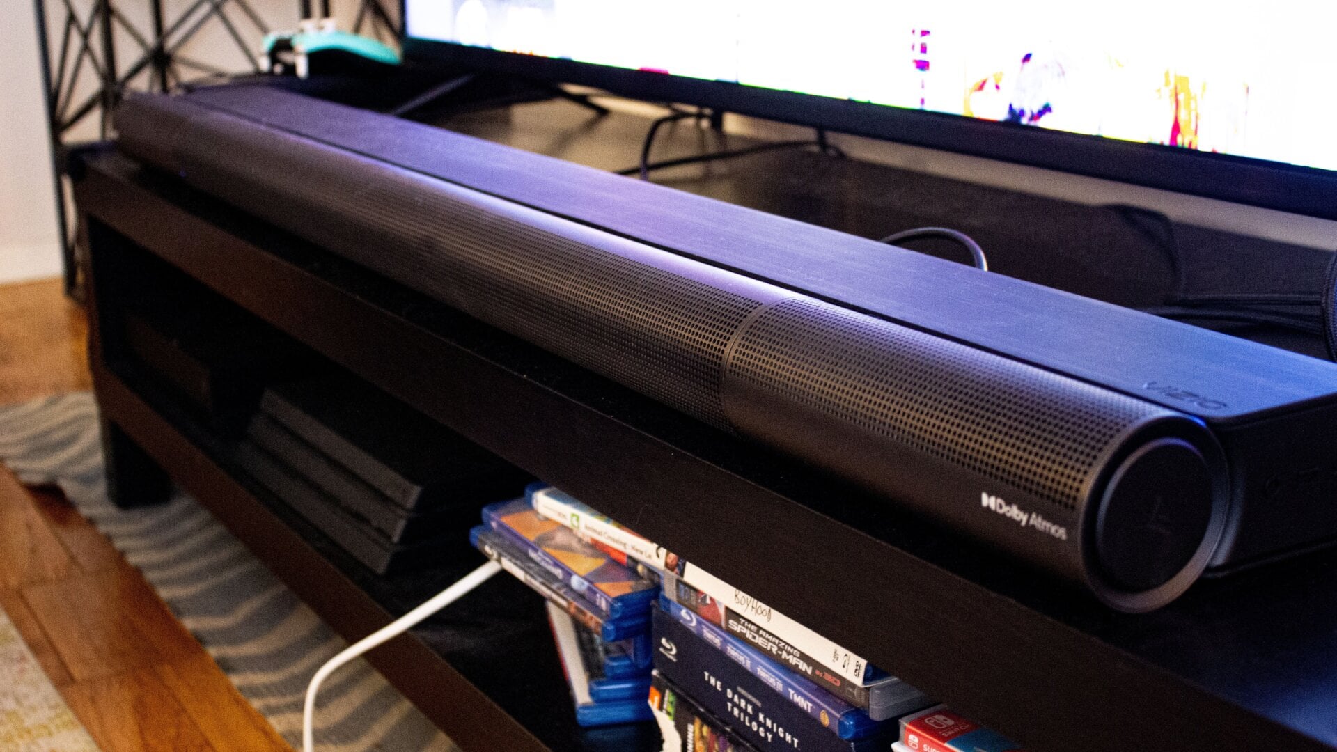 The Dolby Atmos logo only shows up when the speaker is rotated up and playing Atmos content. Also you can see where I dented the grille toward the center. Oopy. 