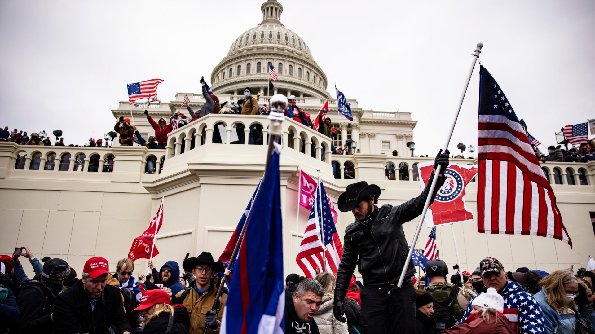 Pro-Trump insurgents storm the U.S. Capitol following a rally with President Donald Trump on January 6, 2021, in D.C.