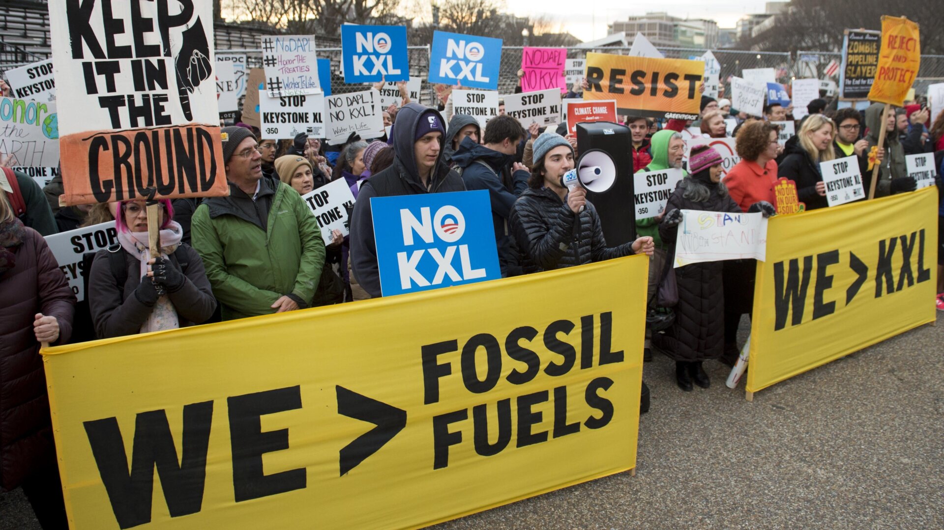 Opponents of the Keystone XL and Dakota Access pipelines hold a rally as they protest President Donald Trump’s executive orders advancing their construction, at Lafayette Park next to the White House in D.C. on January 24, 2017.