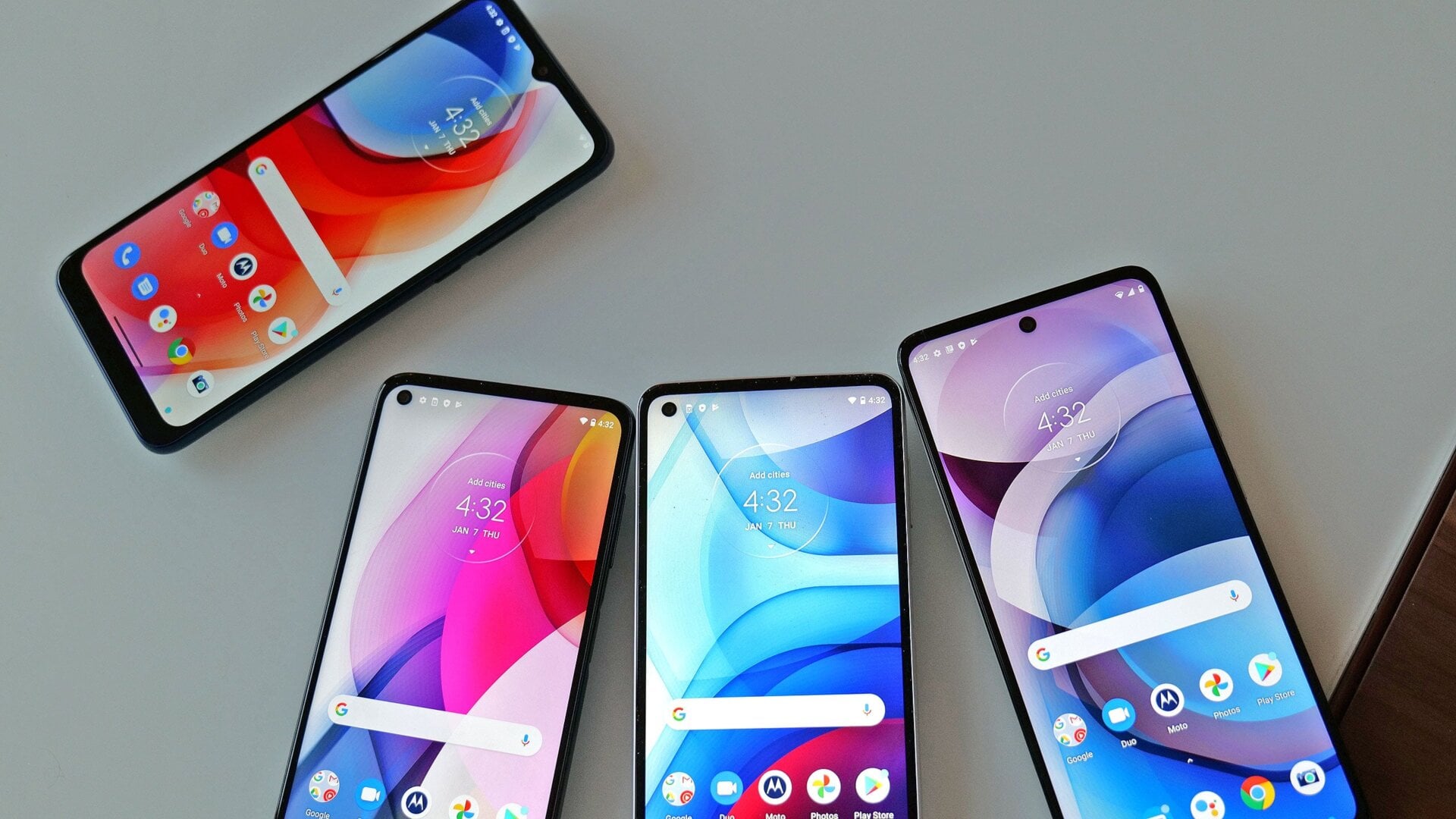 Moto’s more expensive phones have all shifted to a hole-punch selfie cam, while the Moto G Play (top left) still gets a notch. 