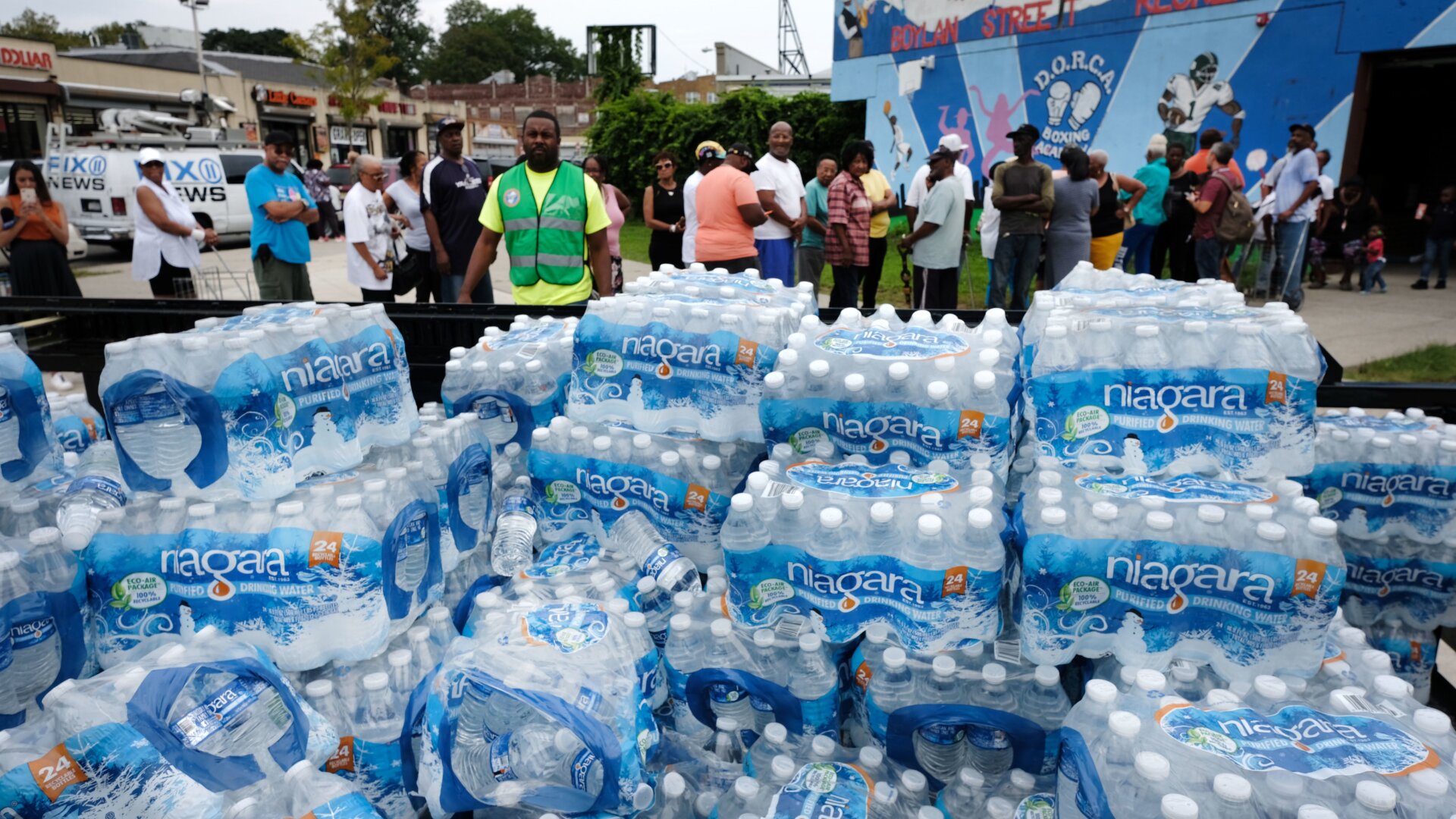 A pallet of bottled water is delivered to a recreation center on August 13, 2019 in Newark, New Jersey. Residents of Newark, the largest city in New Jersey, received free water after lead was found in the tap water.