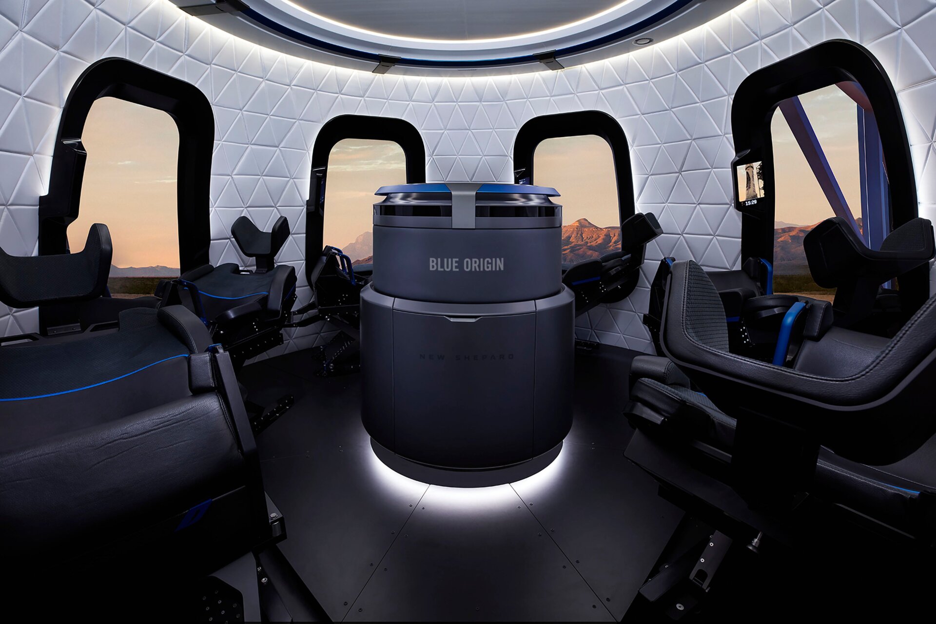 The upgraded interior of the New Shepard crew capsule.