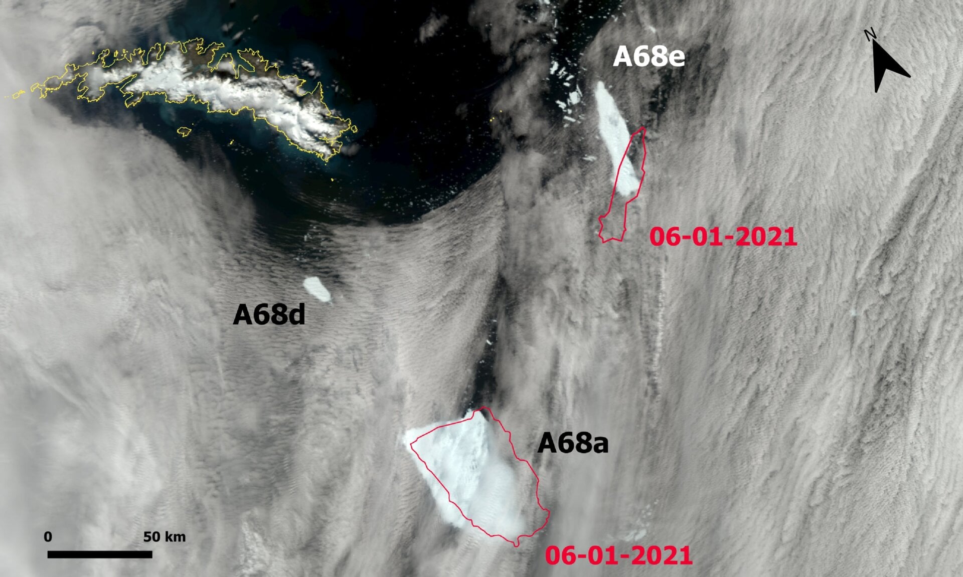 Satellite view of iceberg A68a and its remnants as seen today, January 7, 2021.