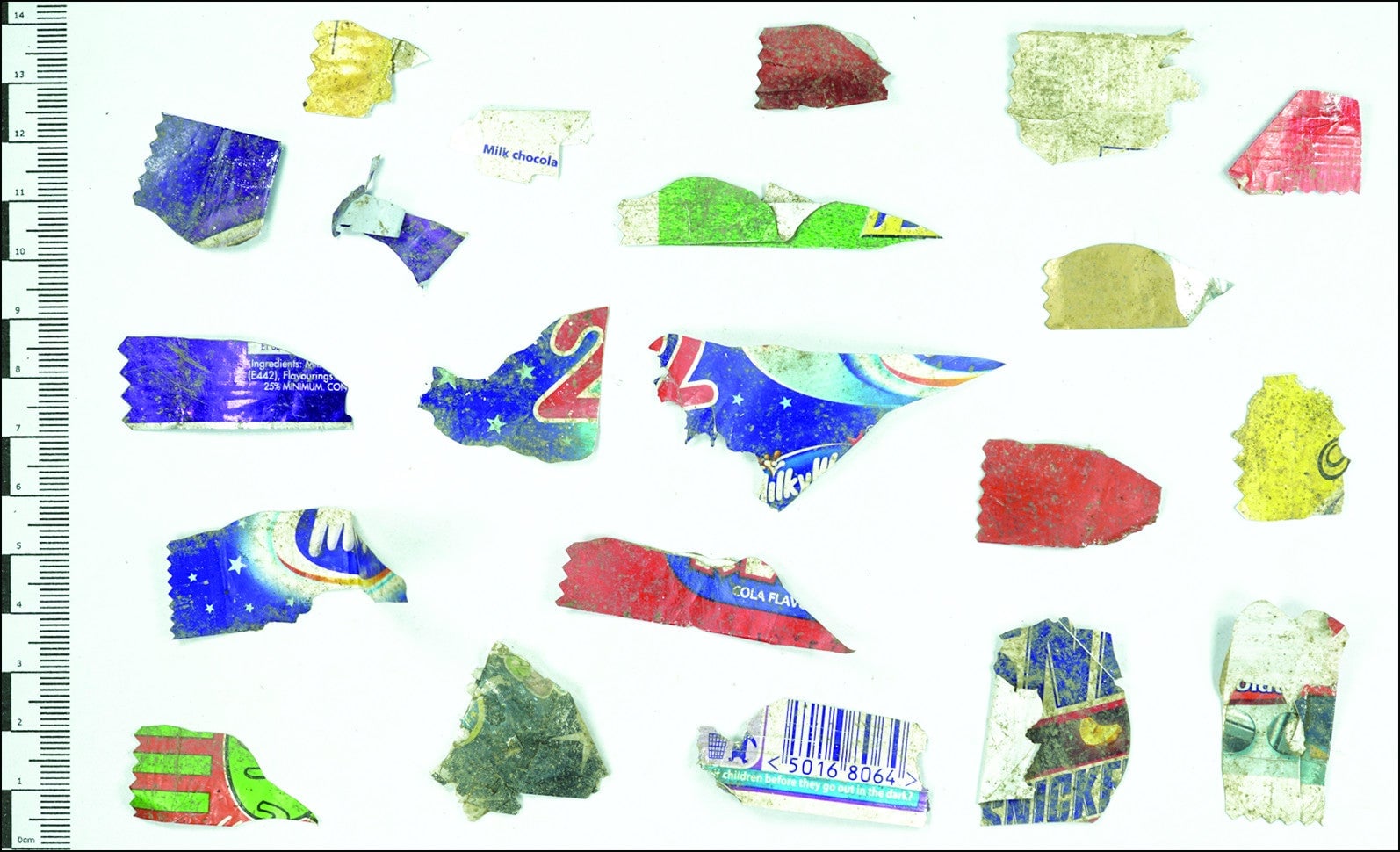 Fragments of candy wrappers. 