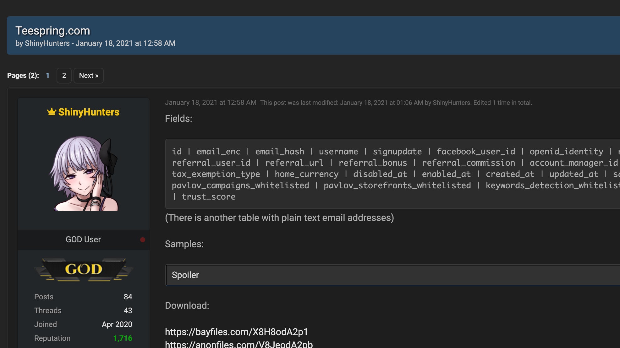 Site posting data hacked from Teespring. 