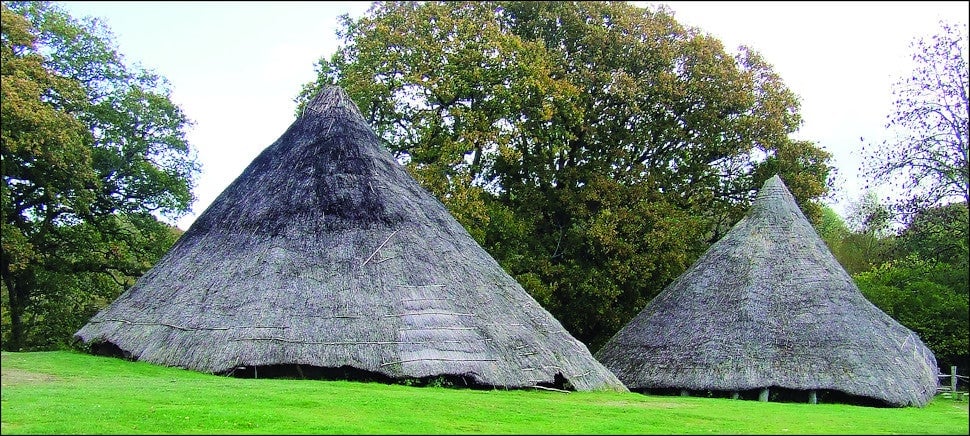 The two replica roundhouses at Castell Henllys.